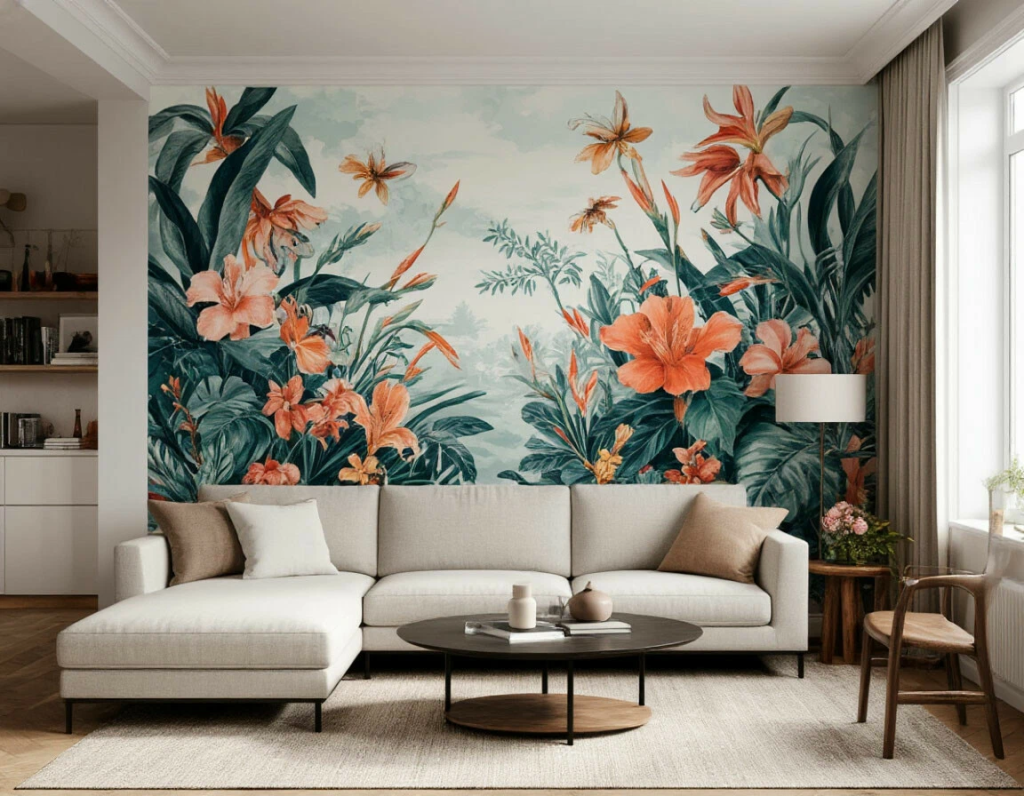 Фреска в интерьере гостиной